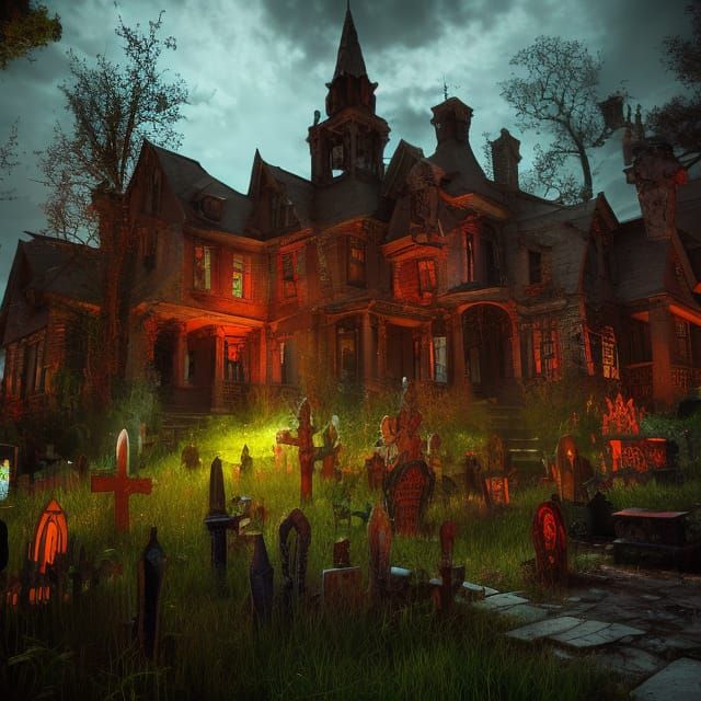 Colorful Haunted House and Graveyard in 3D
