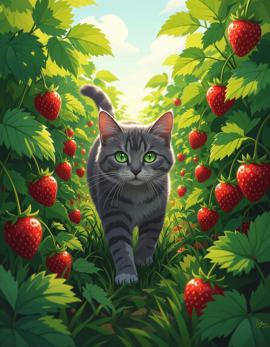 Whimsical Lone Star Cat in Strawberry Field