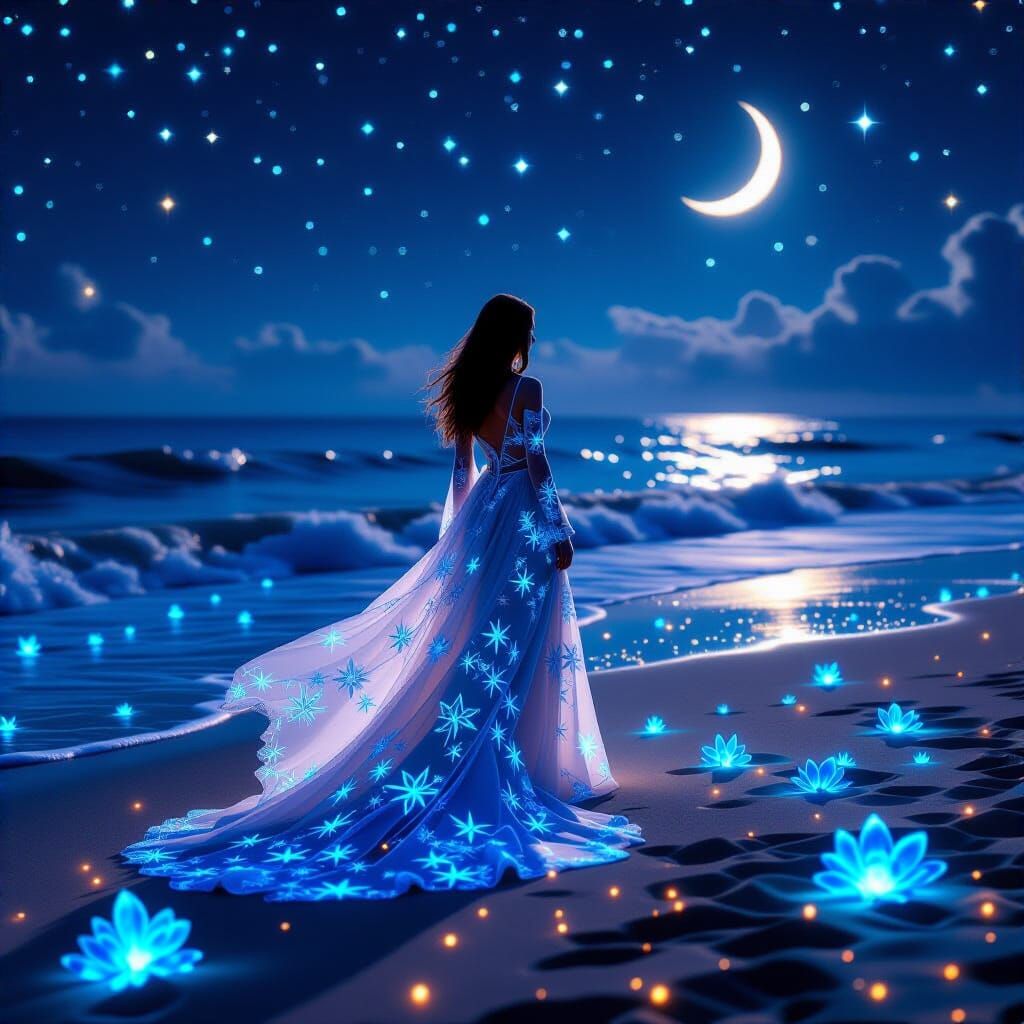 Bioluminescent Fractal Dress on Starry Beach
