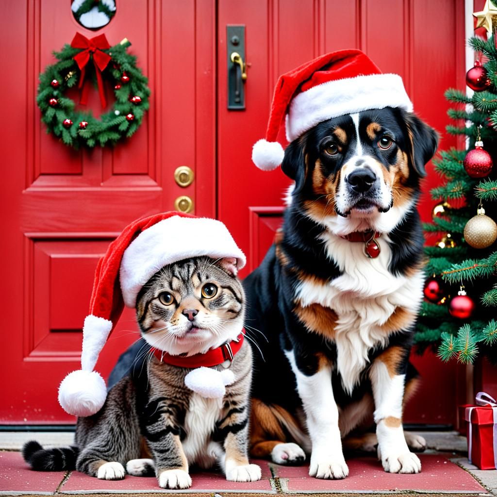 Festive Dog and Cat Christmas Scene