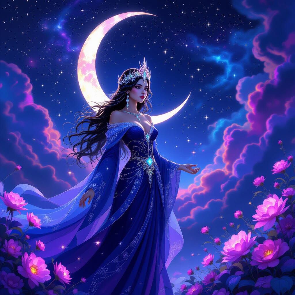 Regal Sorceress Under Celestial Moonlight