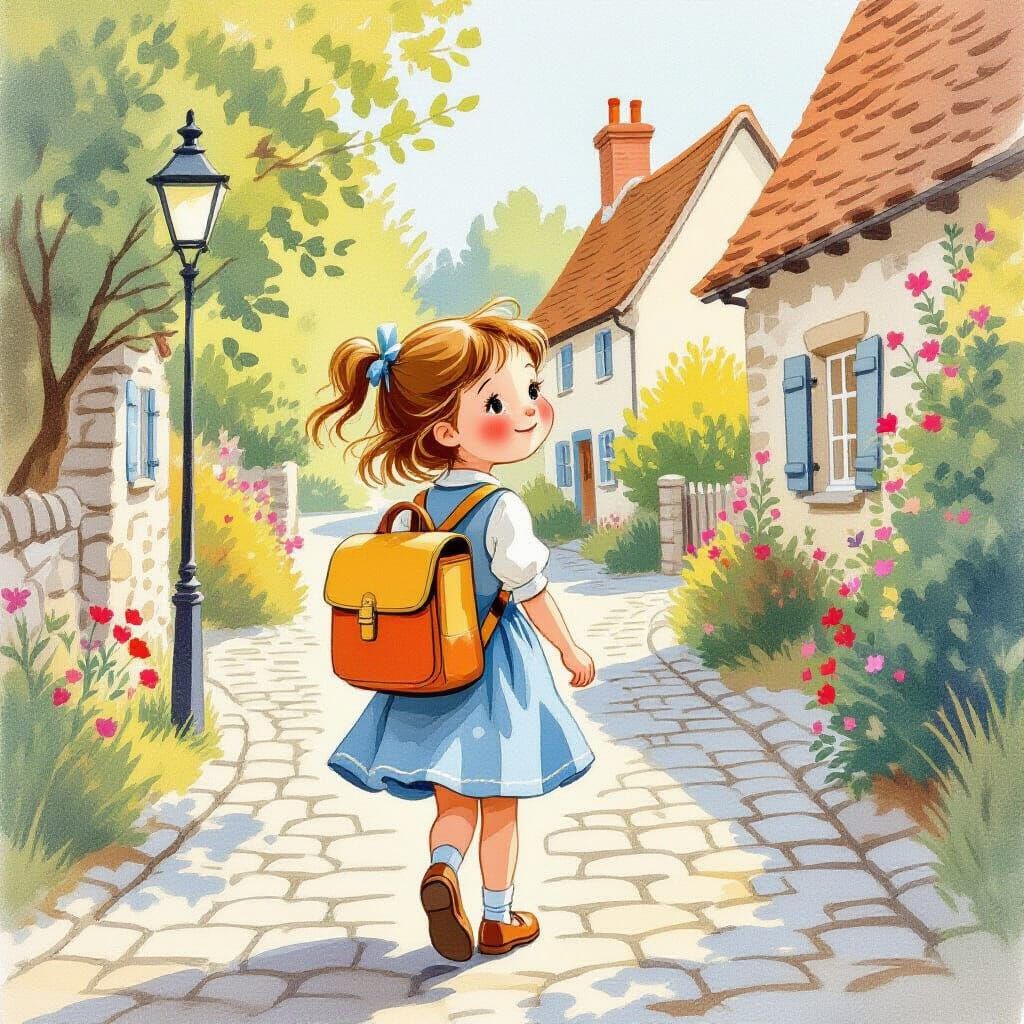 Girl with Satchel Walking Down Cobbled Street