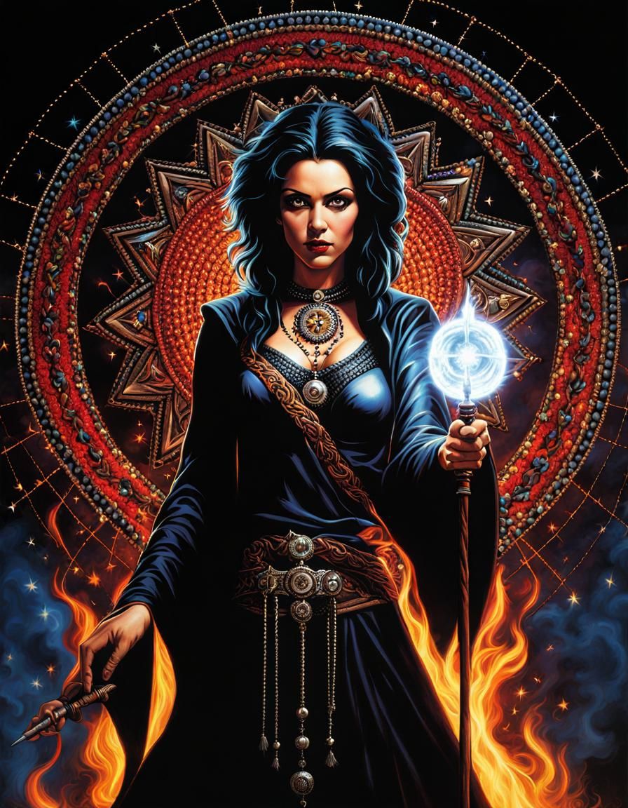 Intimidating Sorceress with Magical Staff in Occult Art