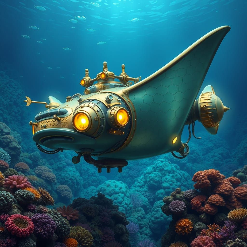 Steampunk Manta Ray Airship Glides Through Coral Reef