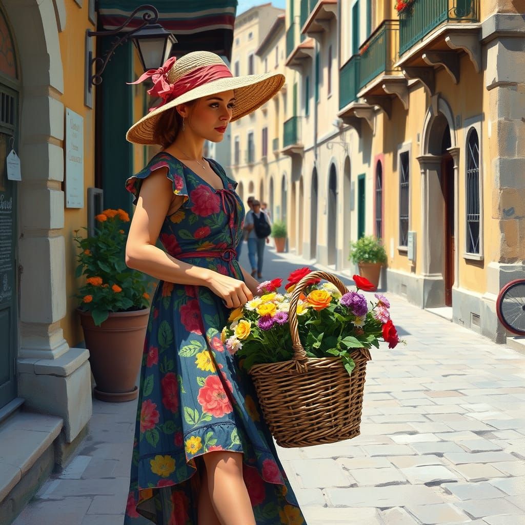 Woman Selling Flowers in Impressionist Style