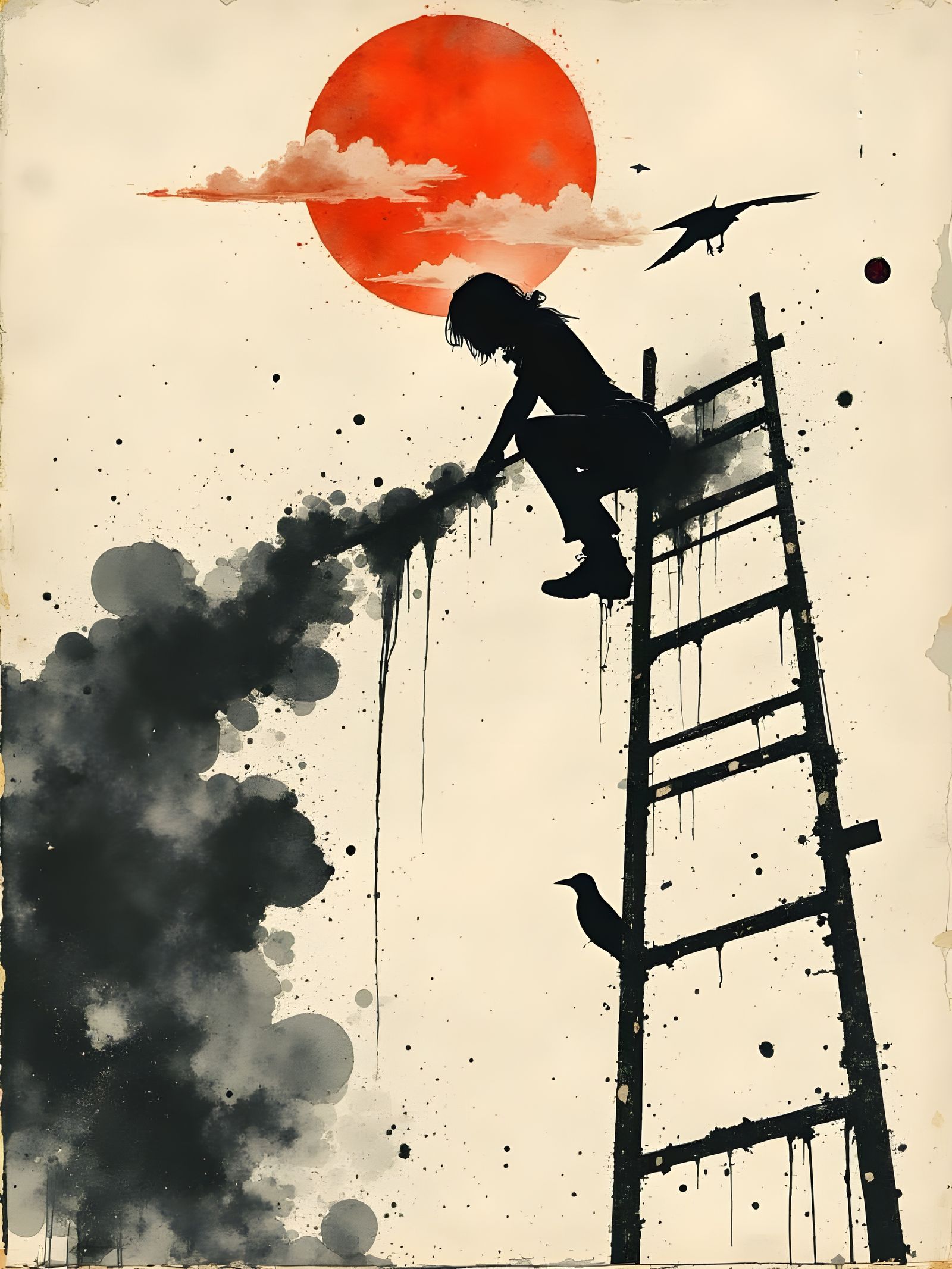Ascending Smoke Ladders in Ink and Watercolor Style