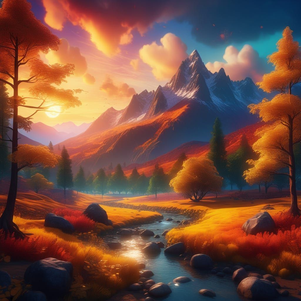 Vibrant Autumn Landscape Digital Painting