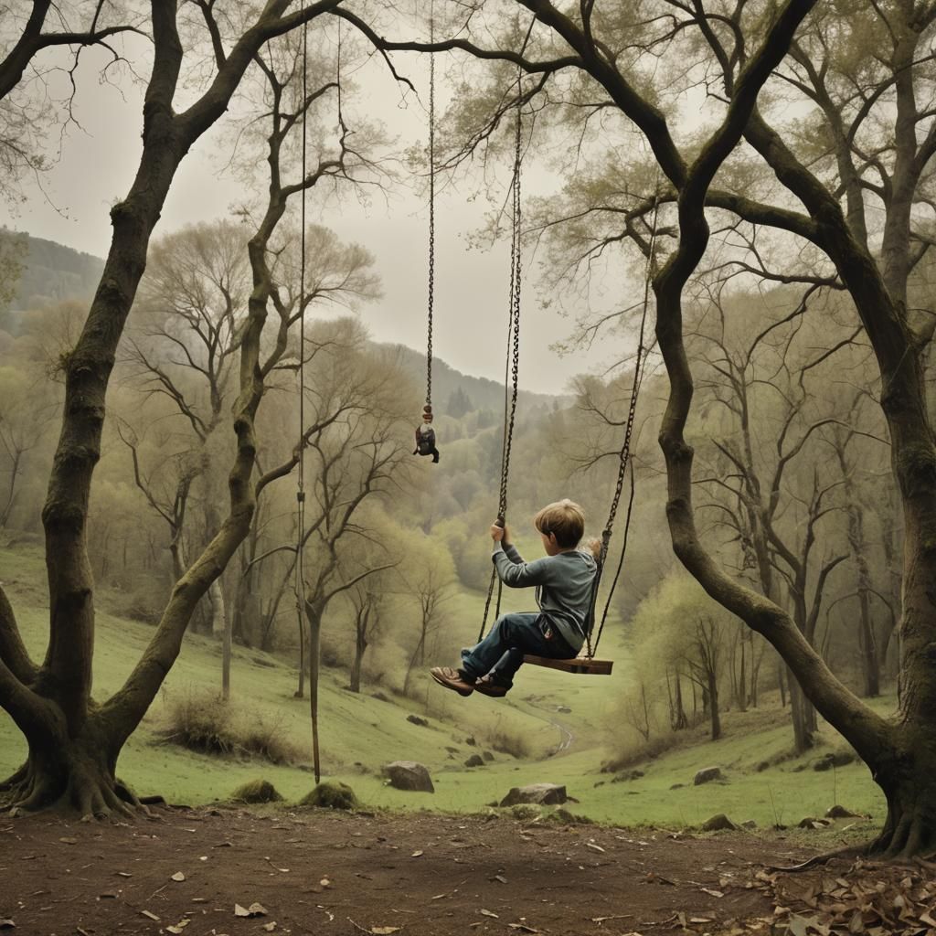 Child on a Swing in Hybrid Photography Landscape