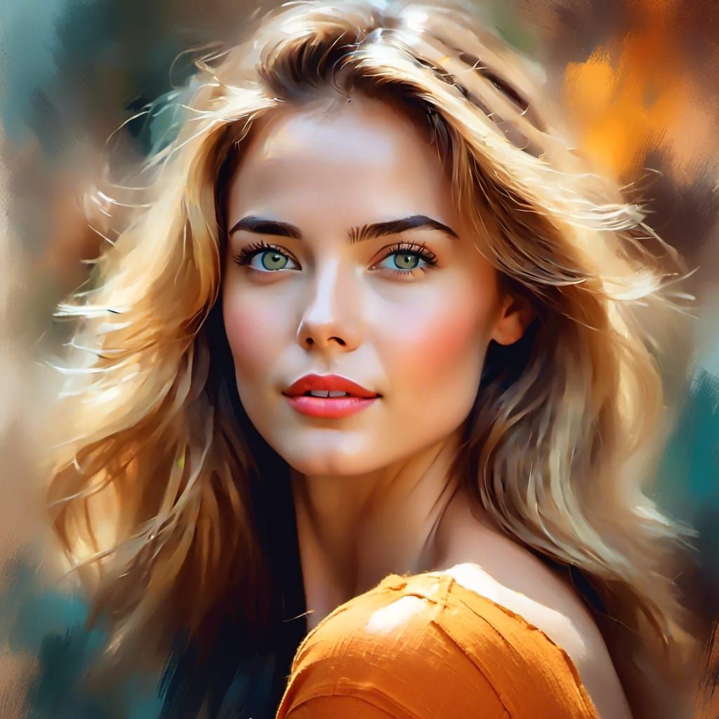 Beautiful Woman Portrait in Digital Oil Painting Style