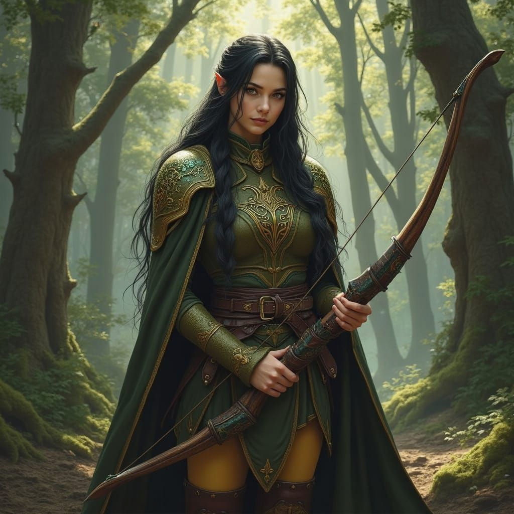 Ethereal High Elf Ranger in Enchanted Forest Oil Painting