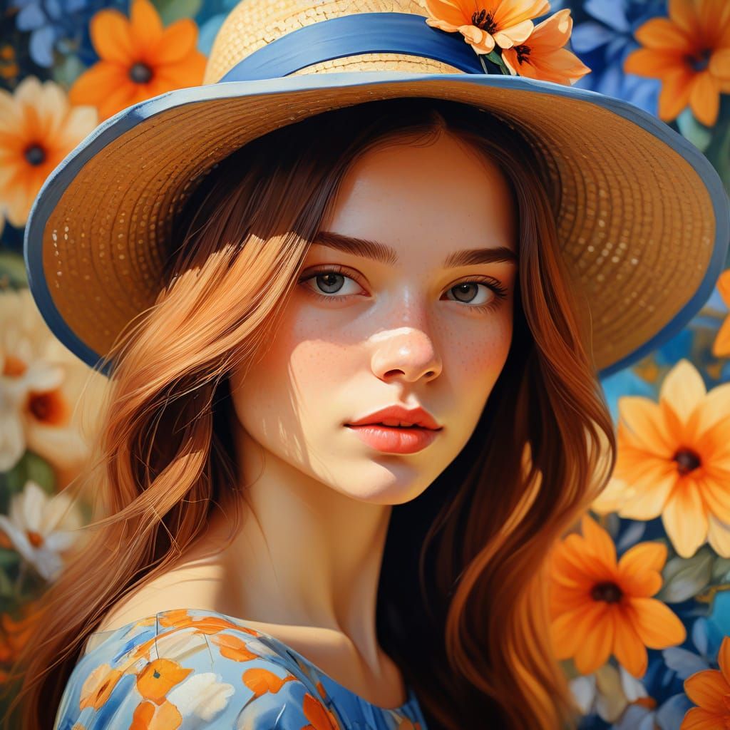 Expressionist Woman in Floral Hat: Oil Painting