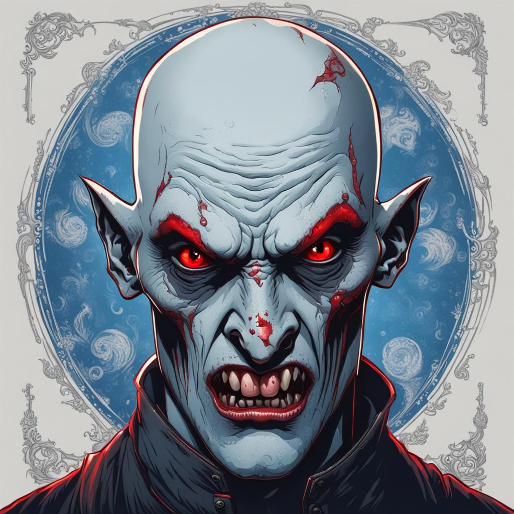 Horrific Vampire with Grey-Blue Skin and Red Eyes