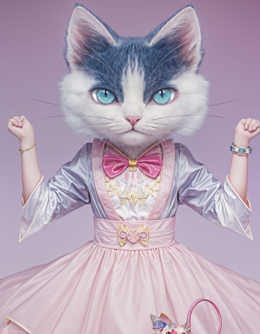 Anthropomorphic Cat in Kawaii Style at Sunset