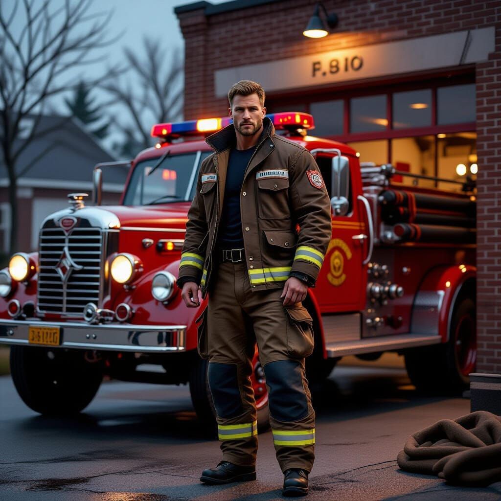 Muscular Fireman Beside Vintage Fire Engine, Retro Station