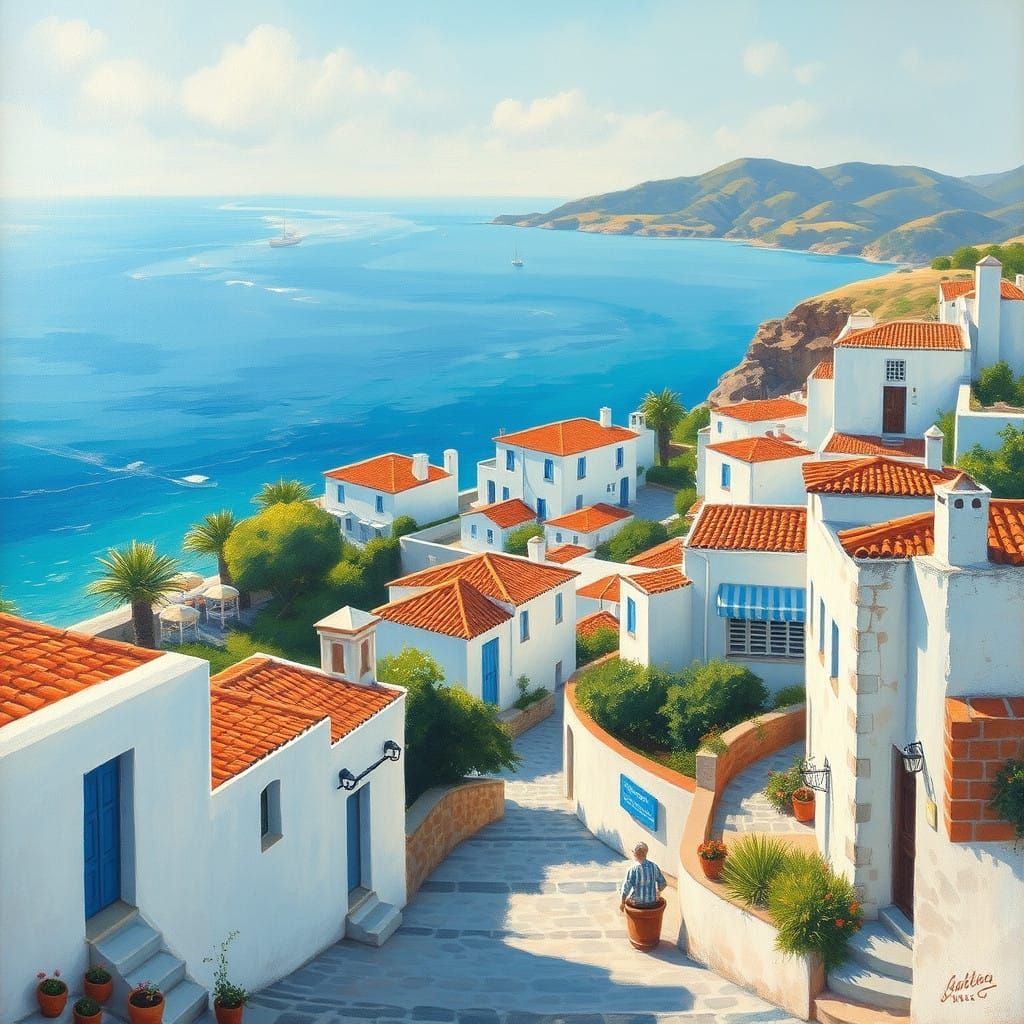 Greek Seaside Village in Impressionist Style
