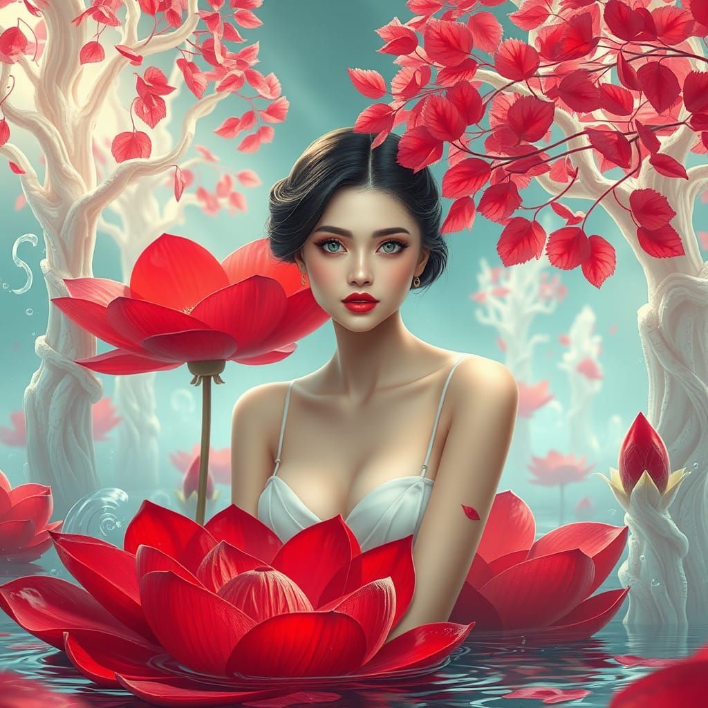 Goddess Among Lotus Leaves in Surreal Greek Setting