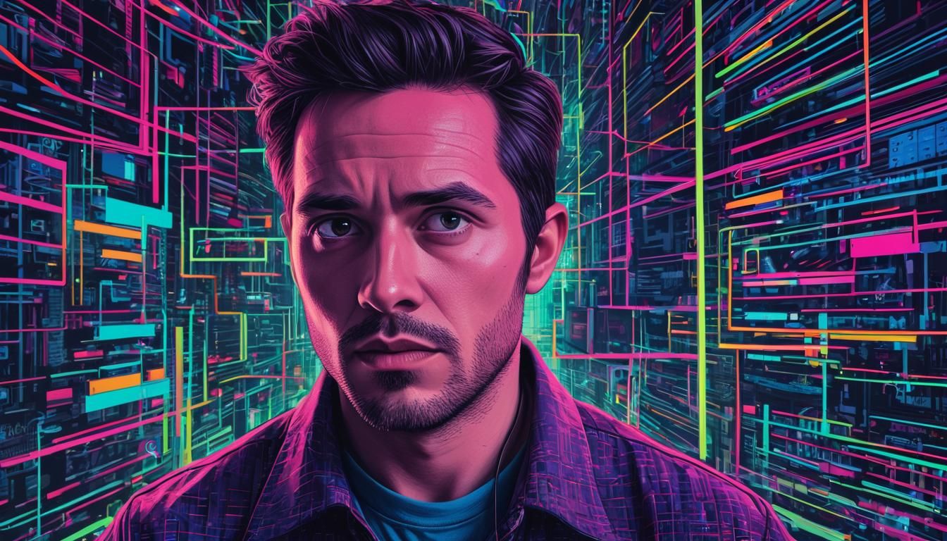 Tech Worker in Futuristic Cityscape: Digital Pop Art