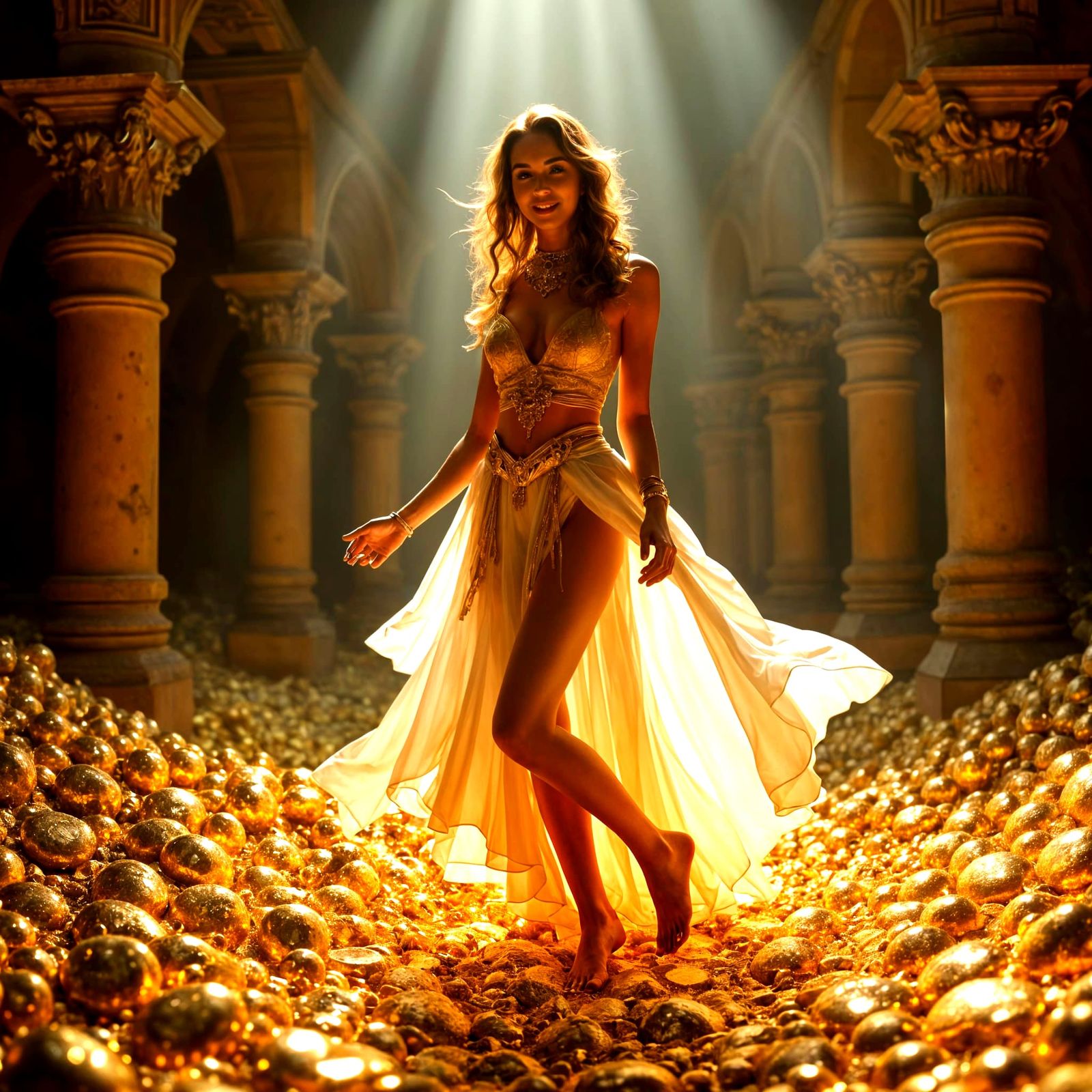 Ethereal Goddess Amidst Golden Treasures