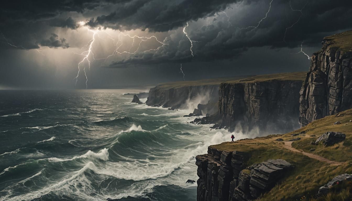 Stormy Cliffside View with Cape Figure