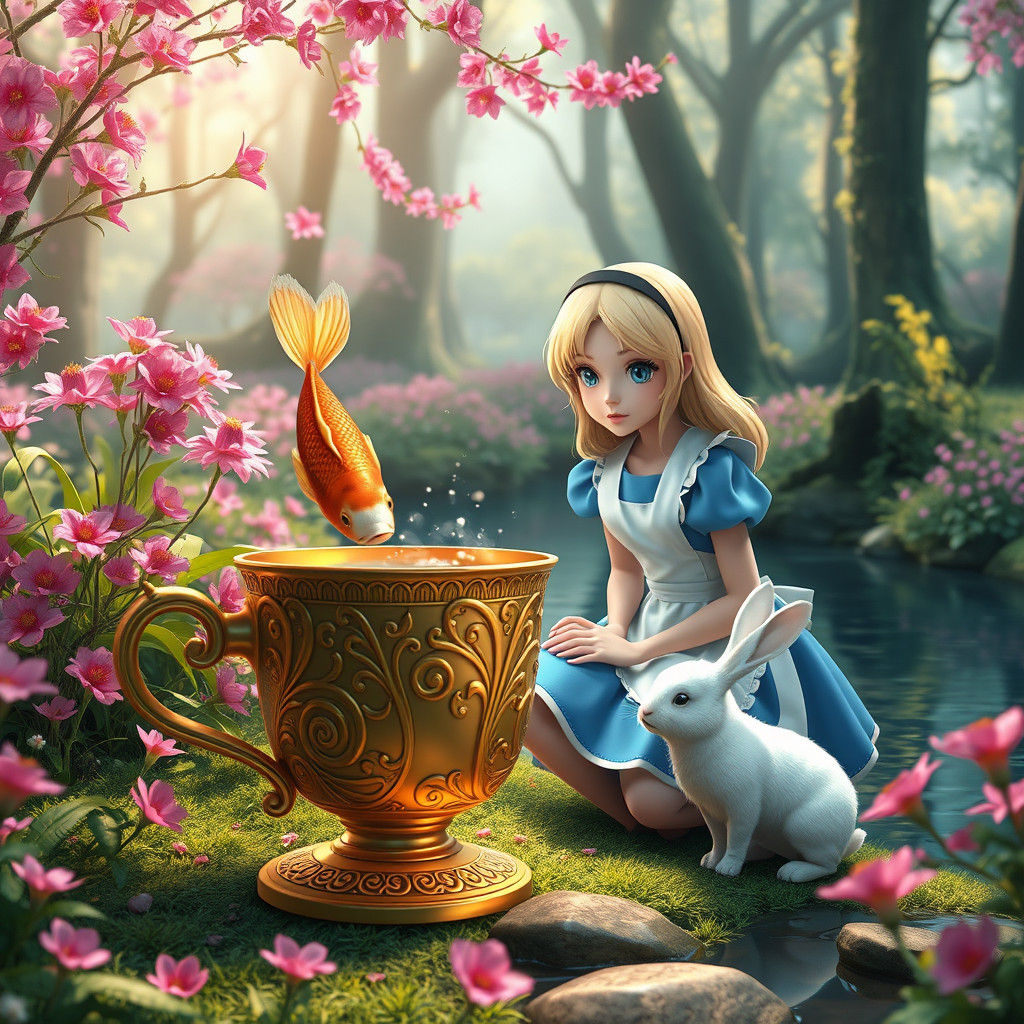 Alice in Wonderland Scene with Golden Cup, Anime Style