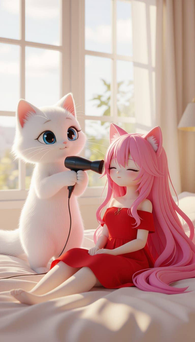Cute Cats Styling Hair in Cozy Room 3D Anime Art