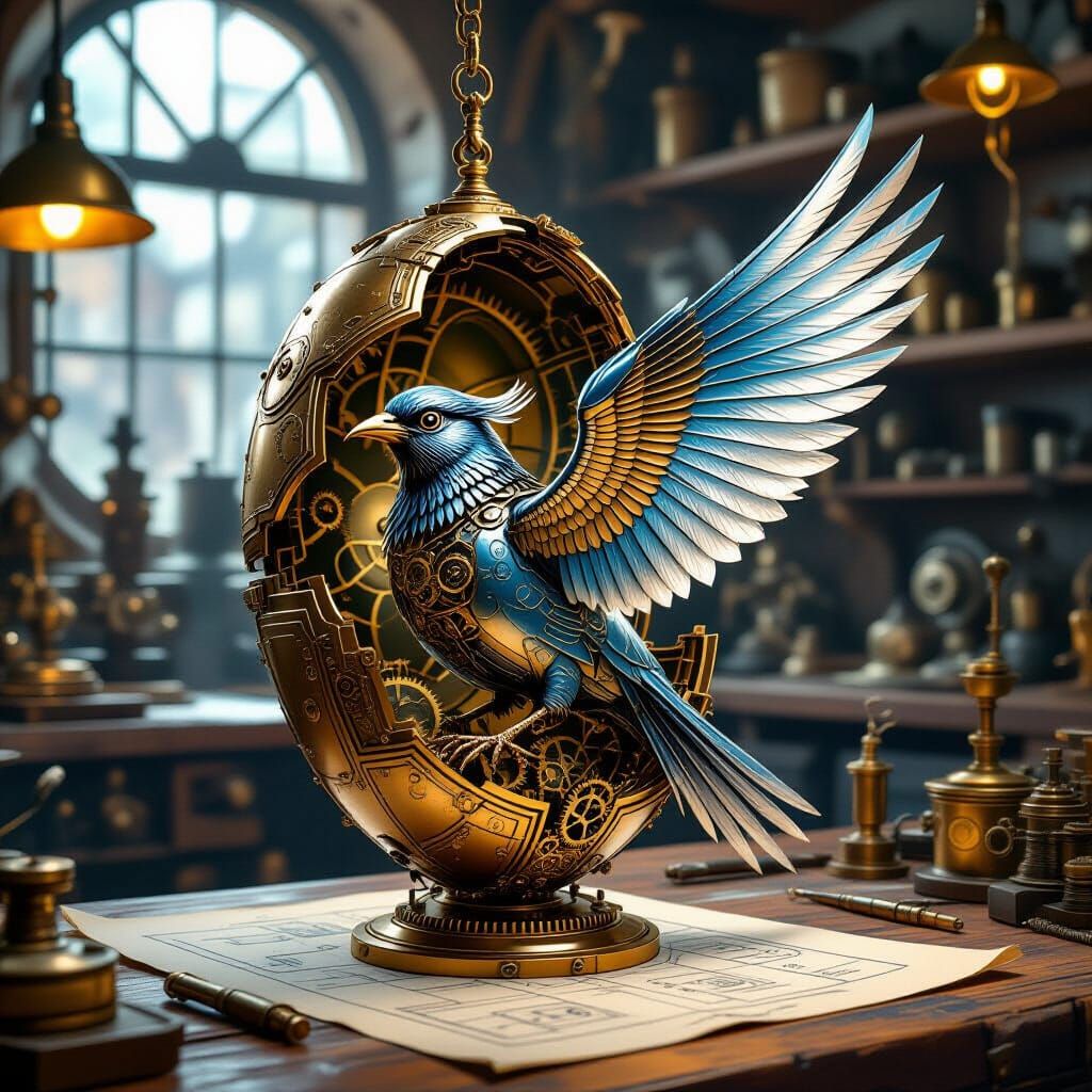 Mechanical Bird Reborn from Clockwork Chrysalis in Steampunk...