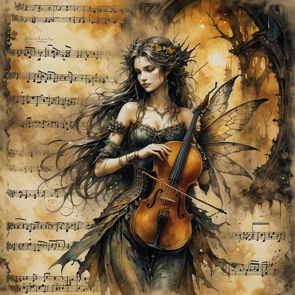 Mélusine Fairy Illustration on Vintage Music Score