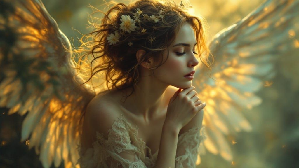 Mystical Woman in Ethereal Dreamlike Landscape with Delicate...