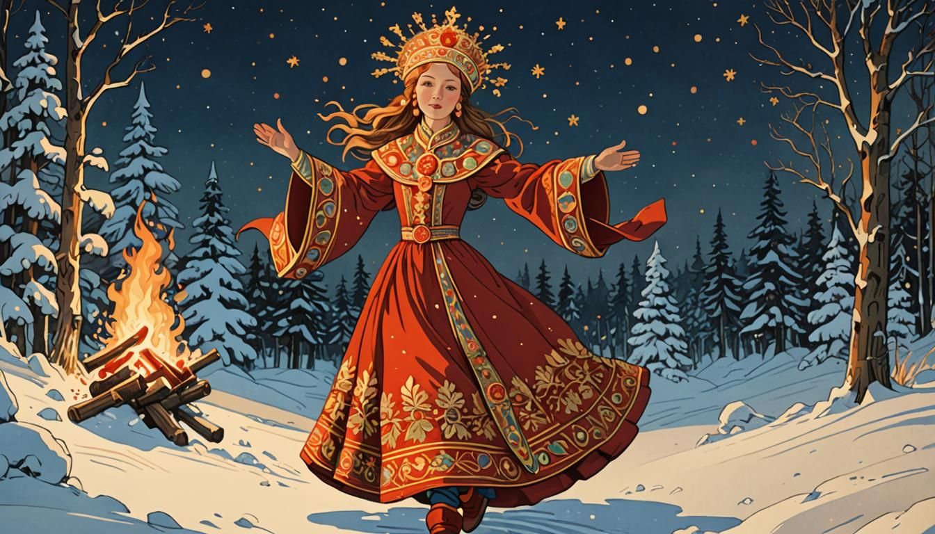 Shegurochka's Fire Leap: Russian Folk Art Illustration