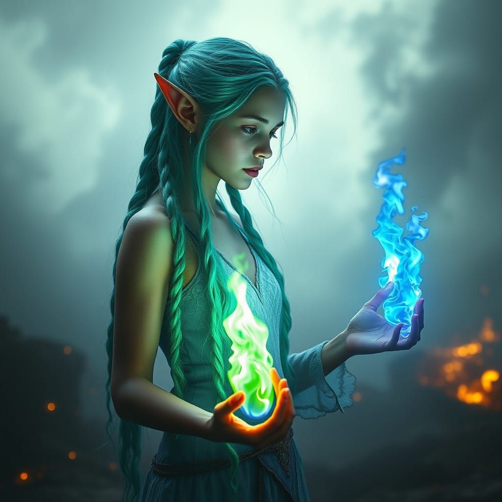 Ethereal Elf Maiden Charged with Mystical Flames in Post-Apo...