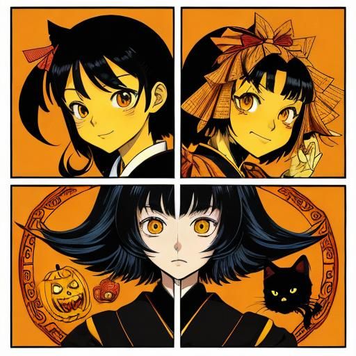 Anime Children Trick or Treating with Black Cat