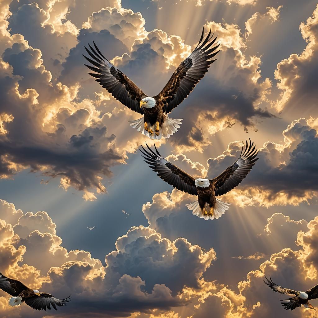 An ethereal and dreamlike scene of a fluid eagle soaring gracefully through a sky adorned with luminous clouds. Its magn...