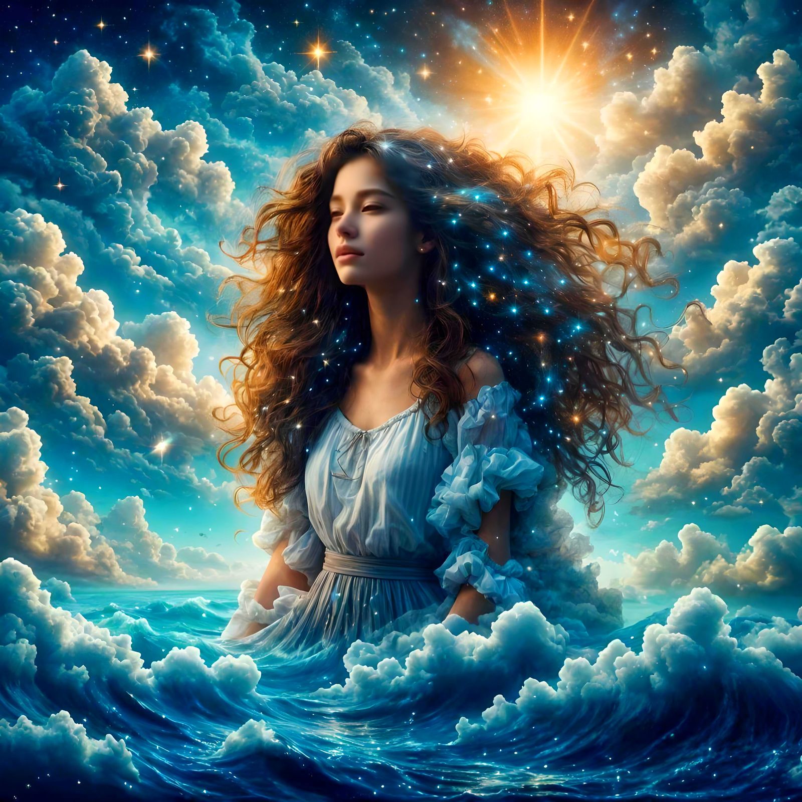 Ethereal Cloud Woman with Sparkling Stars