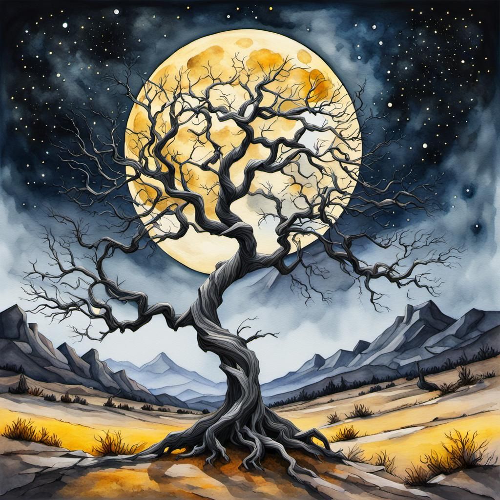 Crystal Tree Under Moonlit Sky: Watercolor Art
