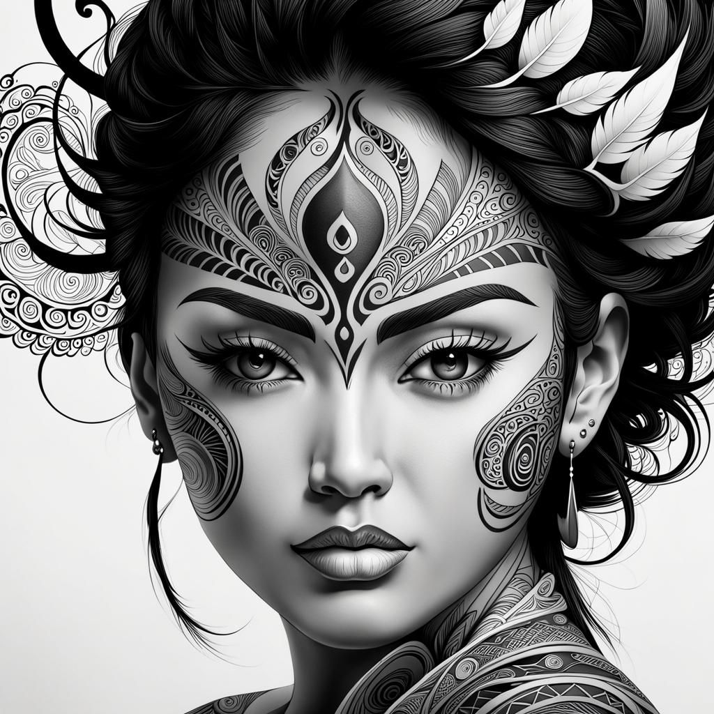 Maori Tattoo Face in One-Line Fractal Art