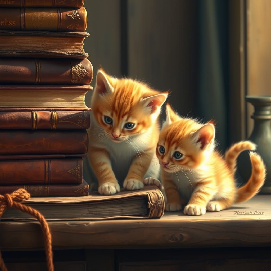 Whimsical Kittens Amidst Vintage Leather-Bound Tomes