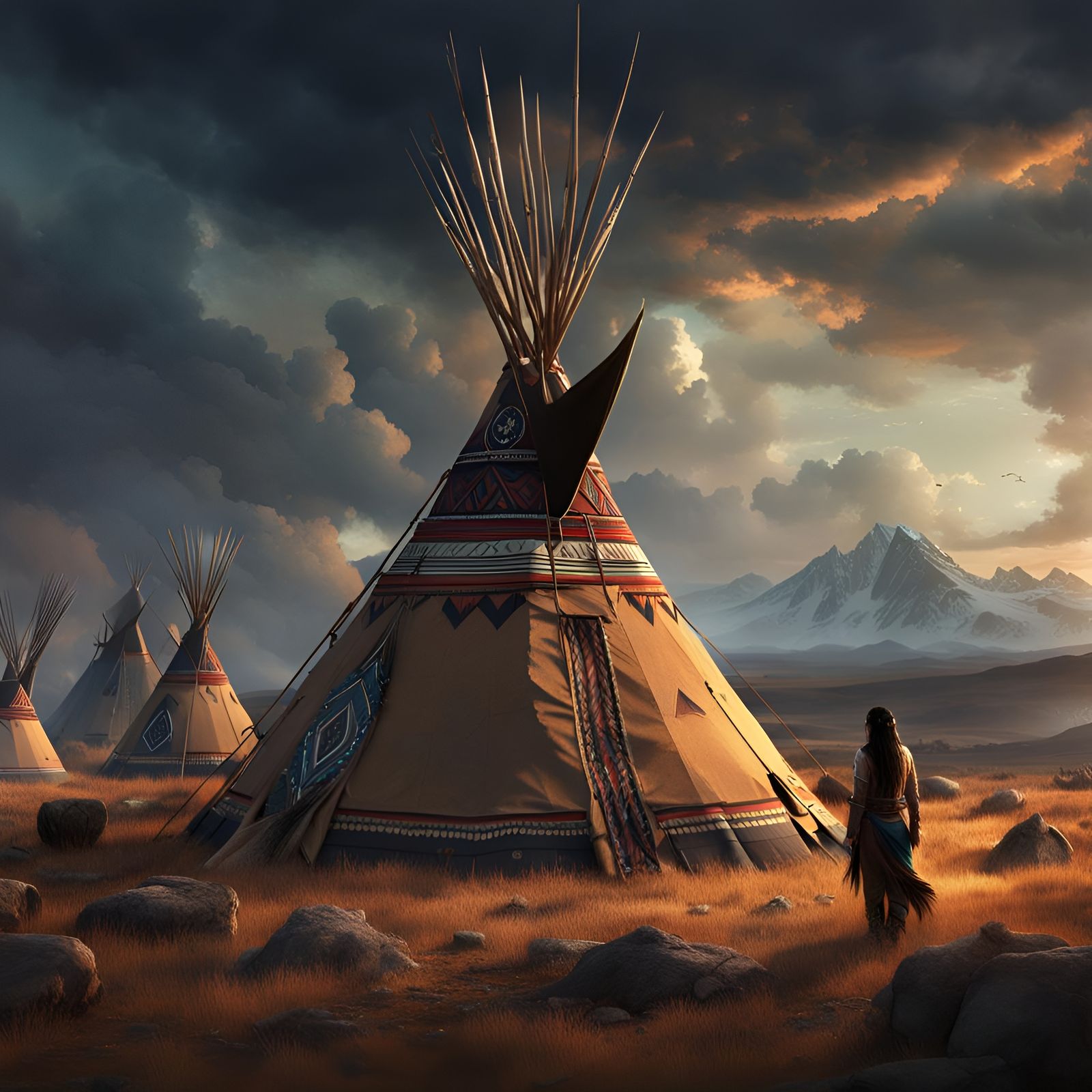 Native American Village with Crow Woman: Matte Painting