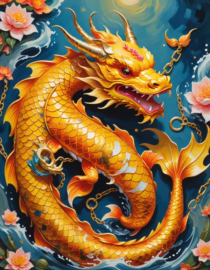 Vibrant Gouache Koi Dragon with Mini Horns and Hourglass