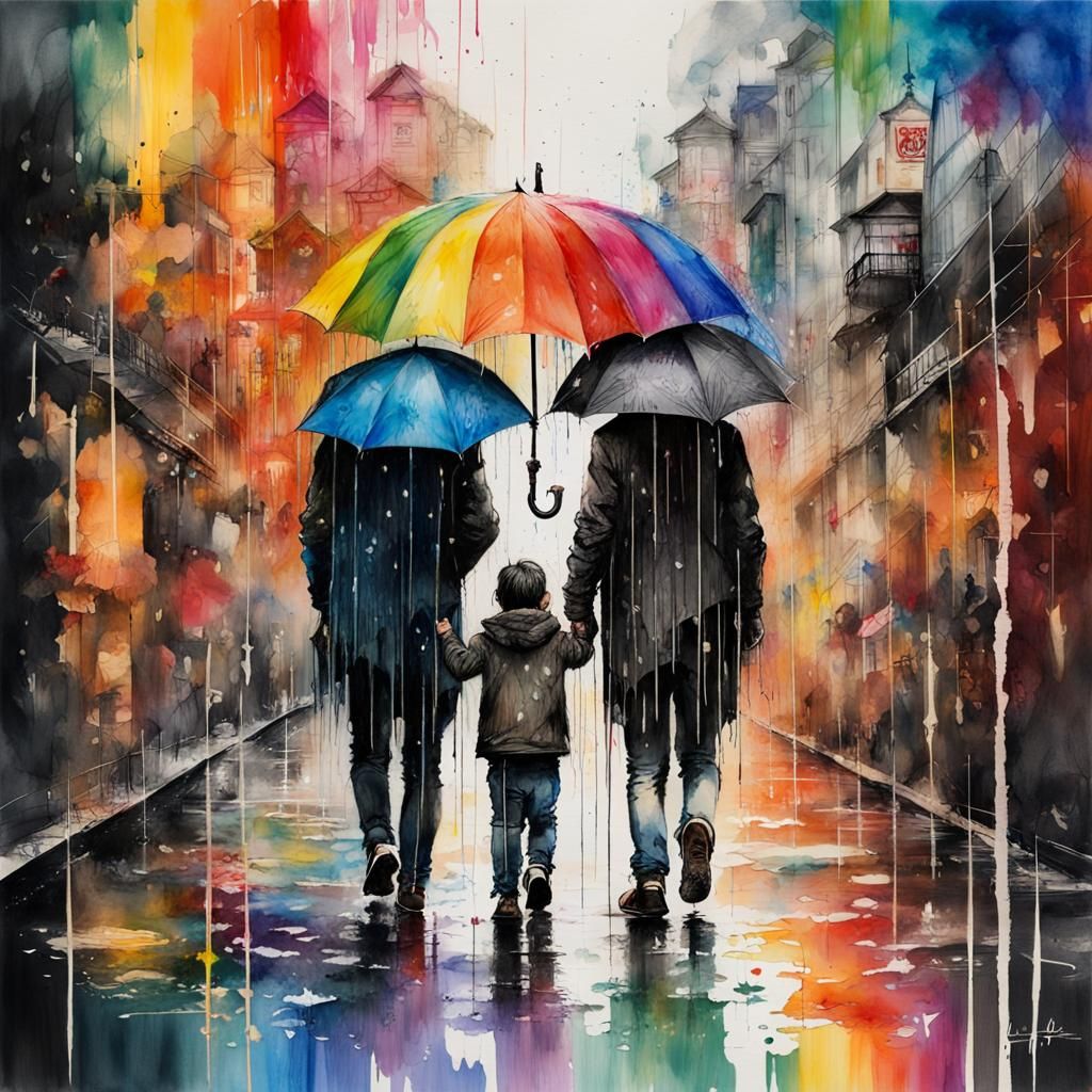 LGBTQ+ Flag Umbrella in Rainy Watercolour Art