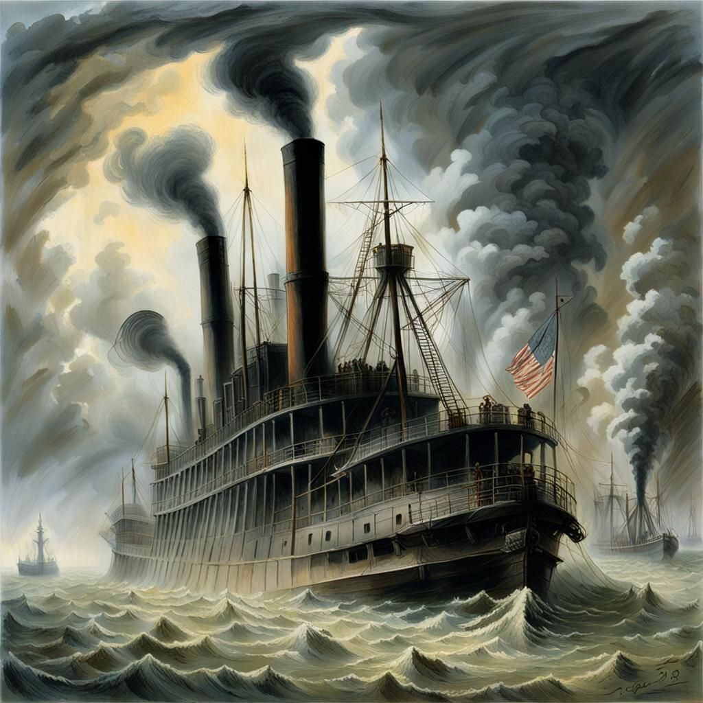 Steamboat PS Lelia emerging from thick fog, its mangled remains barely staying afloat after running the Union blockade d...