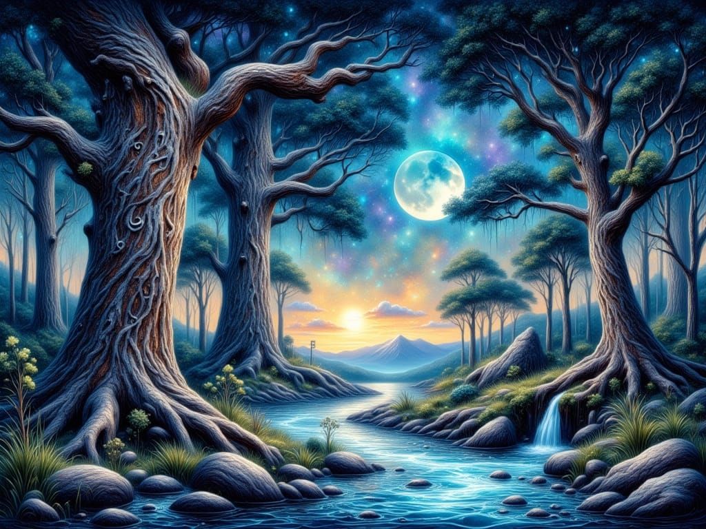 Ethereal Forest River Under Galactic Sky