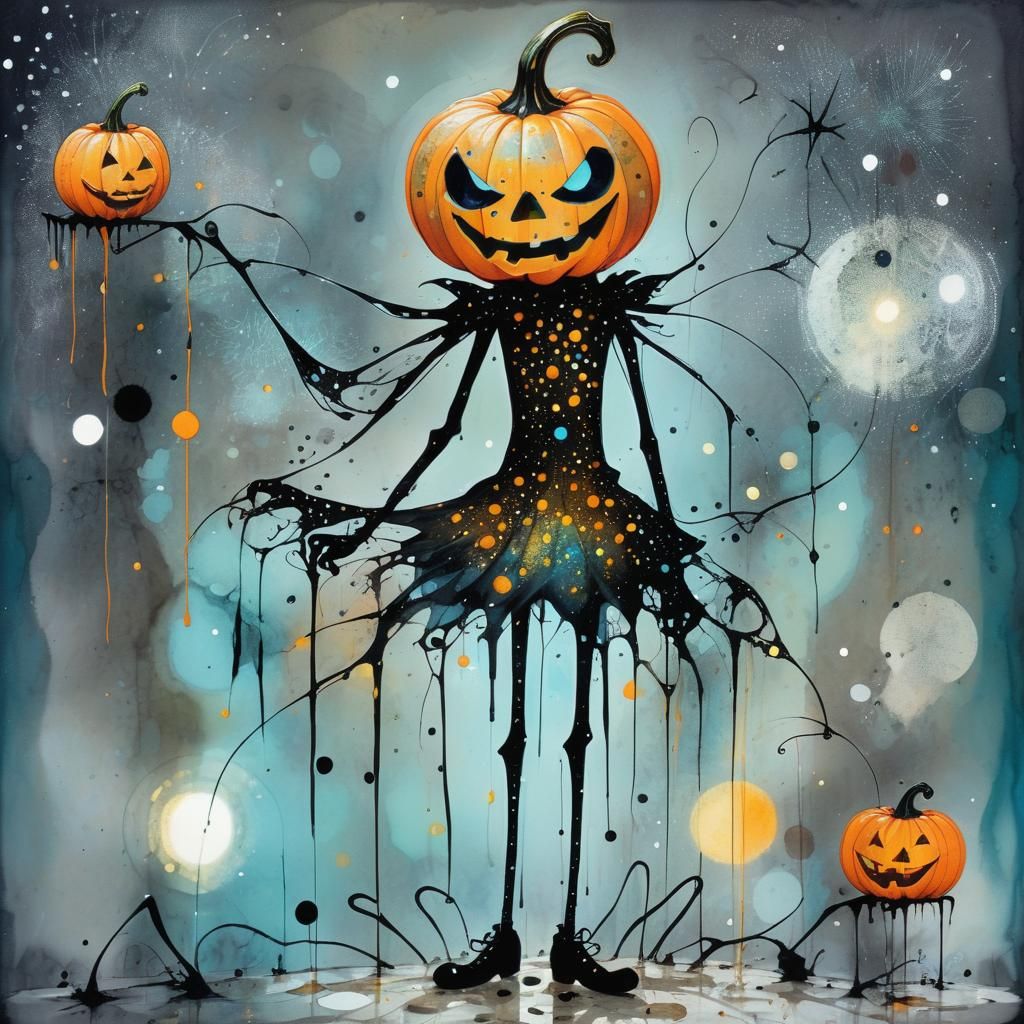 Whimsical Pumpkin Head Character in Contemporary Pen Art