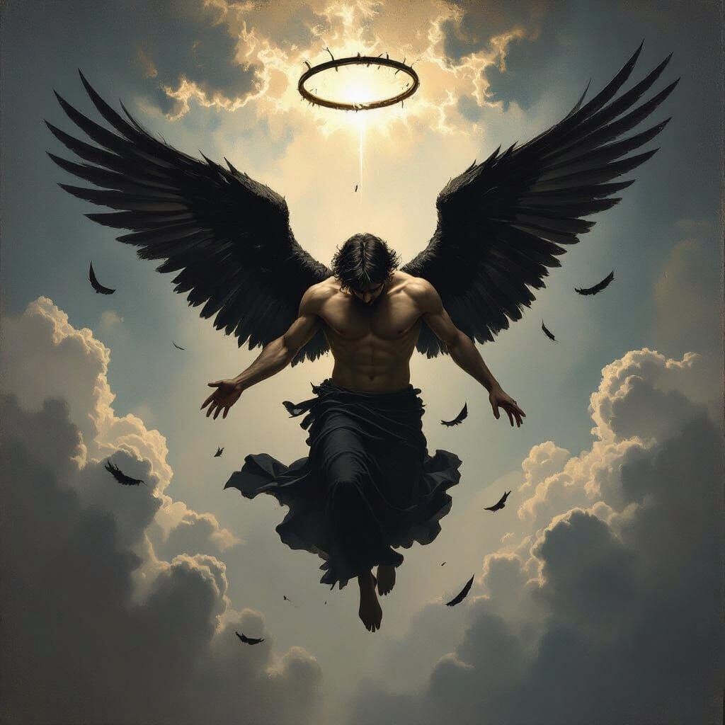 Fallen Angel in Chiaroscuro Oil Painting Style