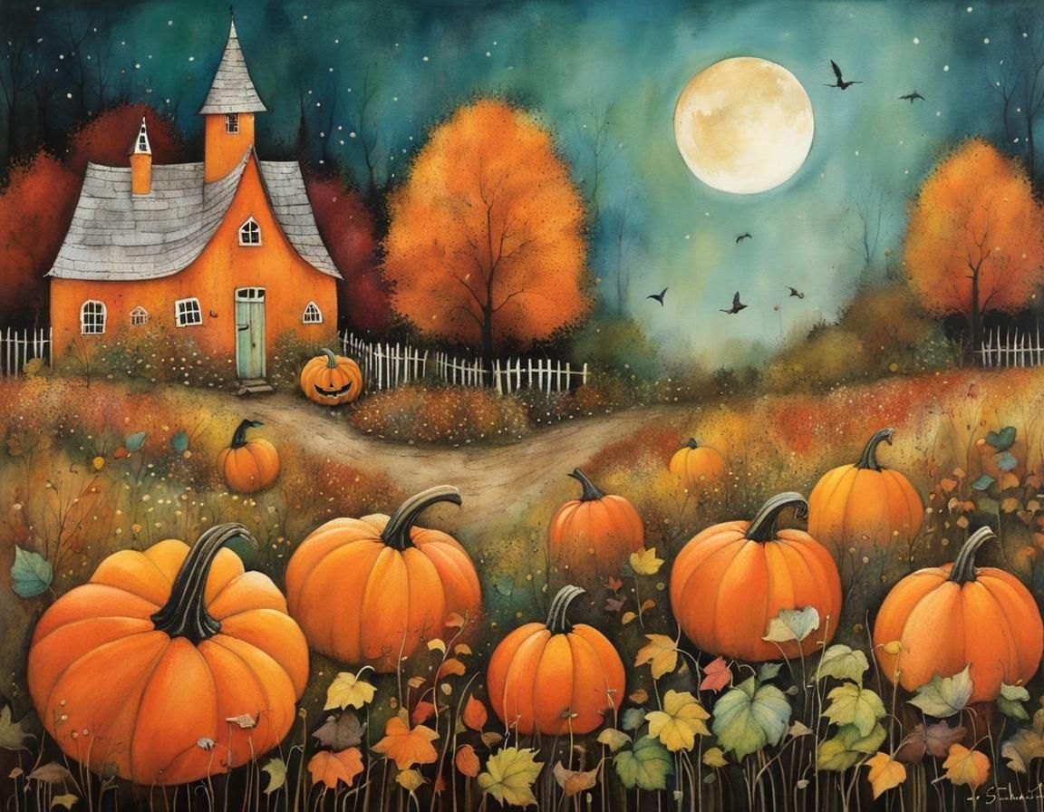Magical Autumn Garden Pumpkin Patch Illustration