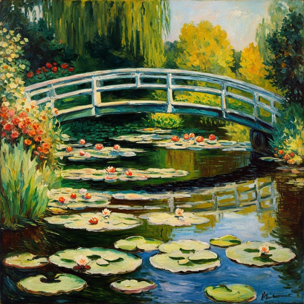 Stone Bridge Over Lily Pond: Impressionistic Masterwork
