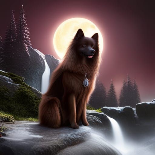 German Spitz and Waterfall in Fantasy Art Style