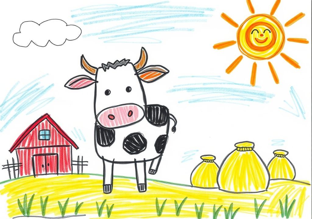 Child's Crayon Drawing of Cow on Farm