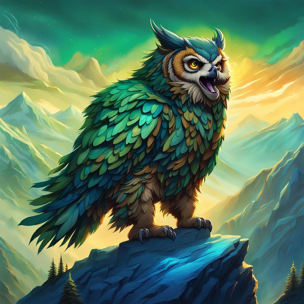 Majestic Owlbear Serenades on Misty Mountain Peak