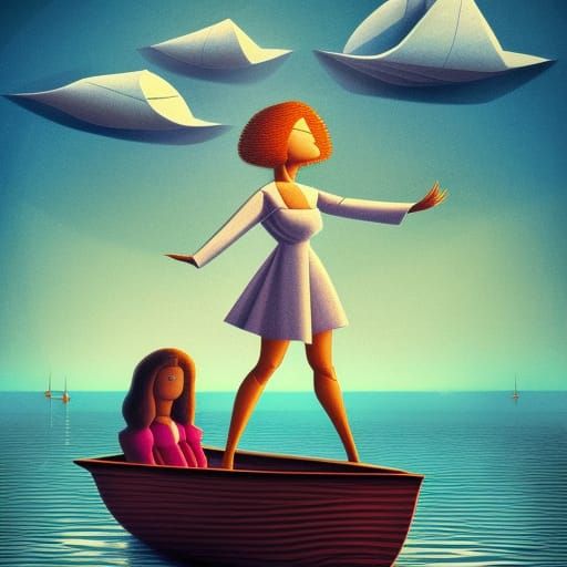 Woman in Boat with UFOs: Surreal Digital Art