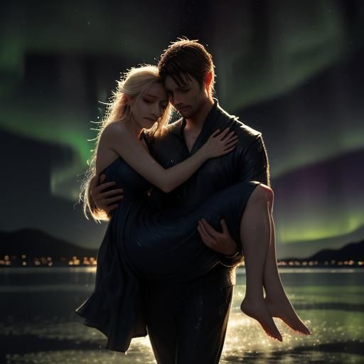 A masterpiece, a beautiful man carrying the woman he saved in his arms. His hair and clothes are completely wet, the wom...